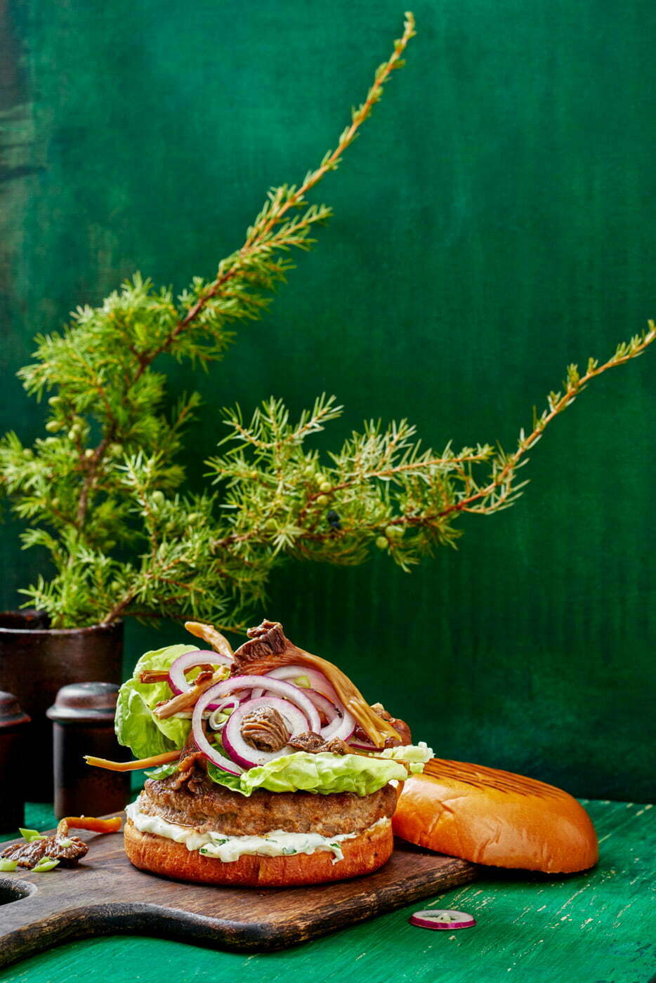 A_hamburger_made_by_game_meat_and_funnel_chanterelles_with_green_background_for_Metästäjä_magazine_by_Elina_Himanen
