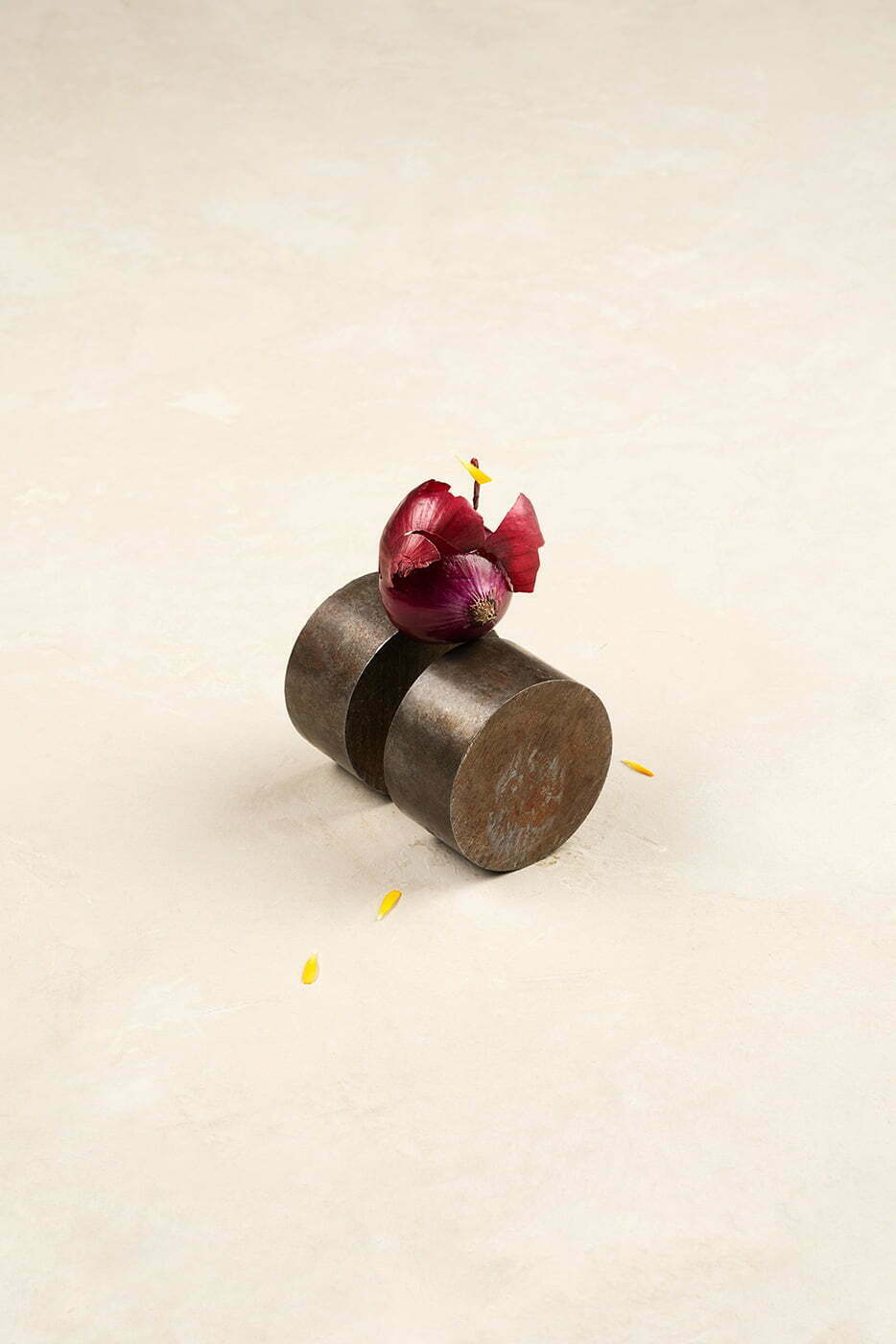 a red garlic on two metallic cylinders by Tomas Olsen