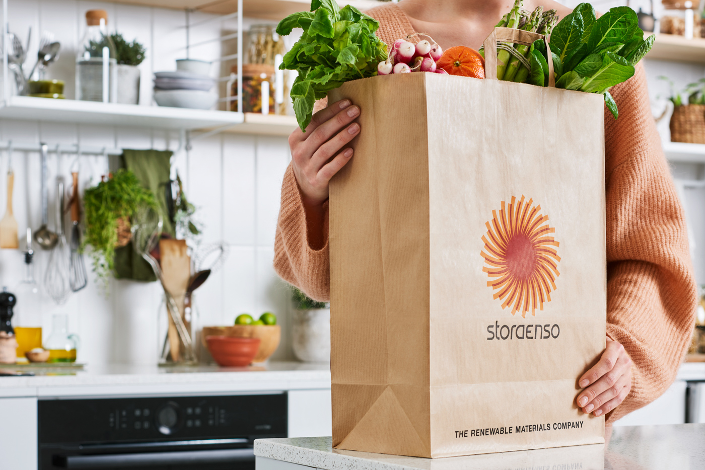 A_woman_holding_a_paper_shopping_bag_full_of_veggies_in_a_kitchen_by_Elina_Himanen