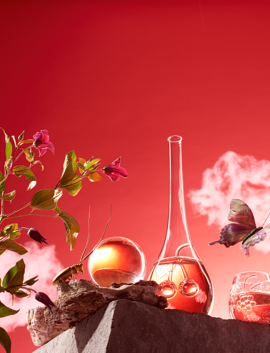 rose_wine_glasses_on_a_cliff_and_red_cloudy_sky_with_flowers_and_insects_by_Elina_Himanen