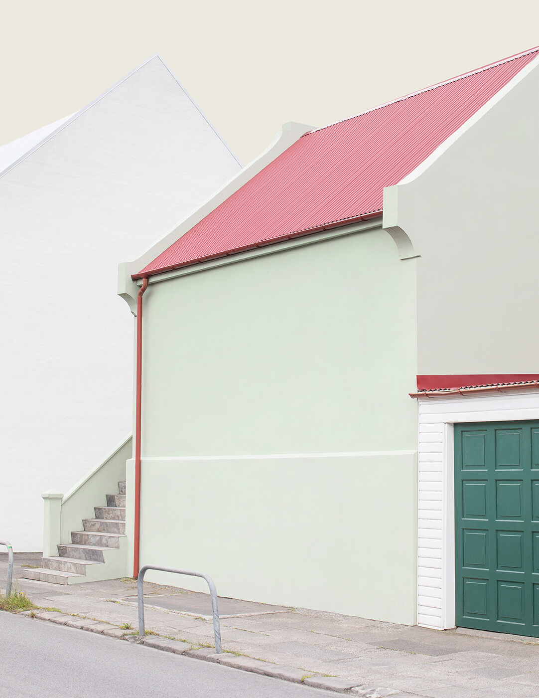 A minimalistic architectural image of a building with a red roof in Iceland